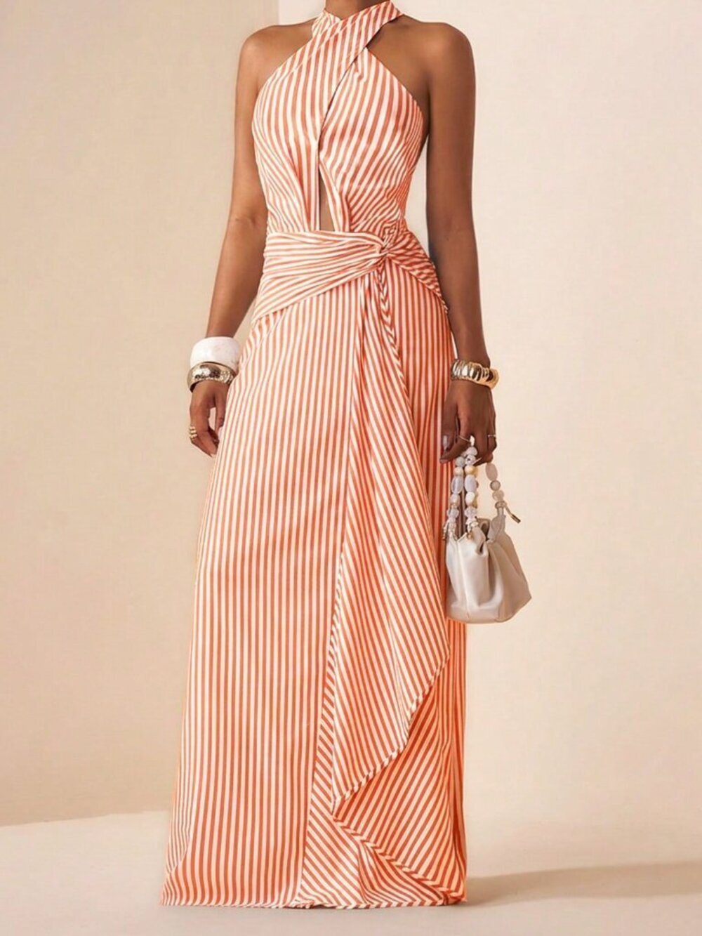 Orange Sexy Women's Striped Maxi Dress with Halter Neck and Waist Tie - Picture 5 of 7